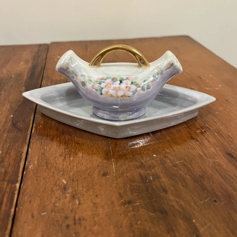 Vintage Porcelain One Piece Double Sided Shaker Hand Painted Flowers, Tray‎
